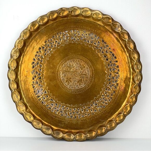Vintage Other - Vintage Etched Brass Large Round Wall Hanging Tray Plate Floral  19” Diameter
